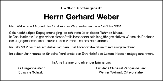Traueranzeige von Gerhard Weber von Kreis-Anzeiger