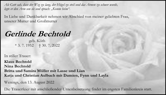 Traueranzeige von Gerlinde Bechtold von Kreis-Anzeiger