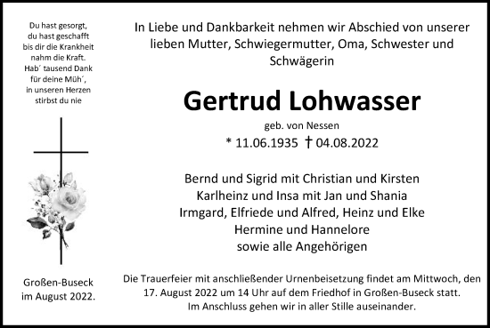 Traueranzeige von Gertrud Lohwasser von Giessener Anzeiger, Giessener Allgemeine, Alsfelder Allgemeine
