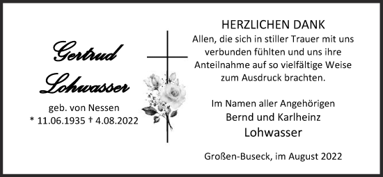Traueranzeige von Gertrud Lohwasser von Giessener Allgemeine, Alsfelder Allgemeine, Giessener Anzeiger