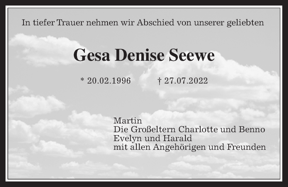  Traueranzeige für Gesa Denise Seewe vom 04.08.2022 aus Bad Vilbel/Karben