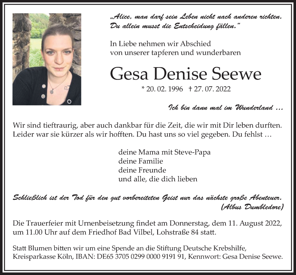  Traueranzeige für Gesa Denise Seewe vom 04.08.2022 aus Bad Vilbel/Karben