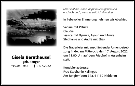 Traueranzeige von Gisela Berntheusel von Wetterauer Zeitung