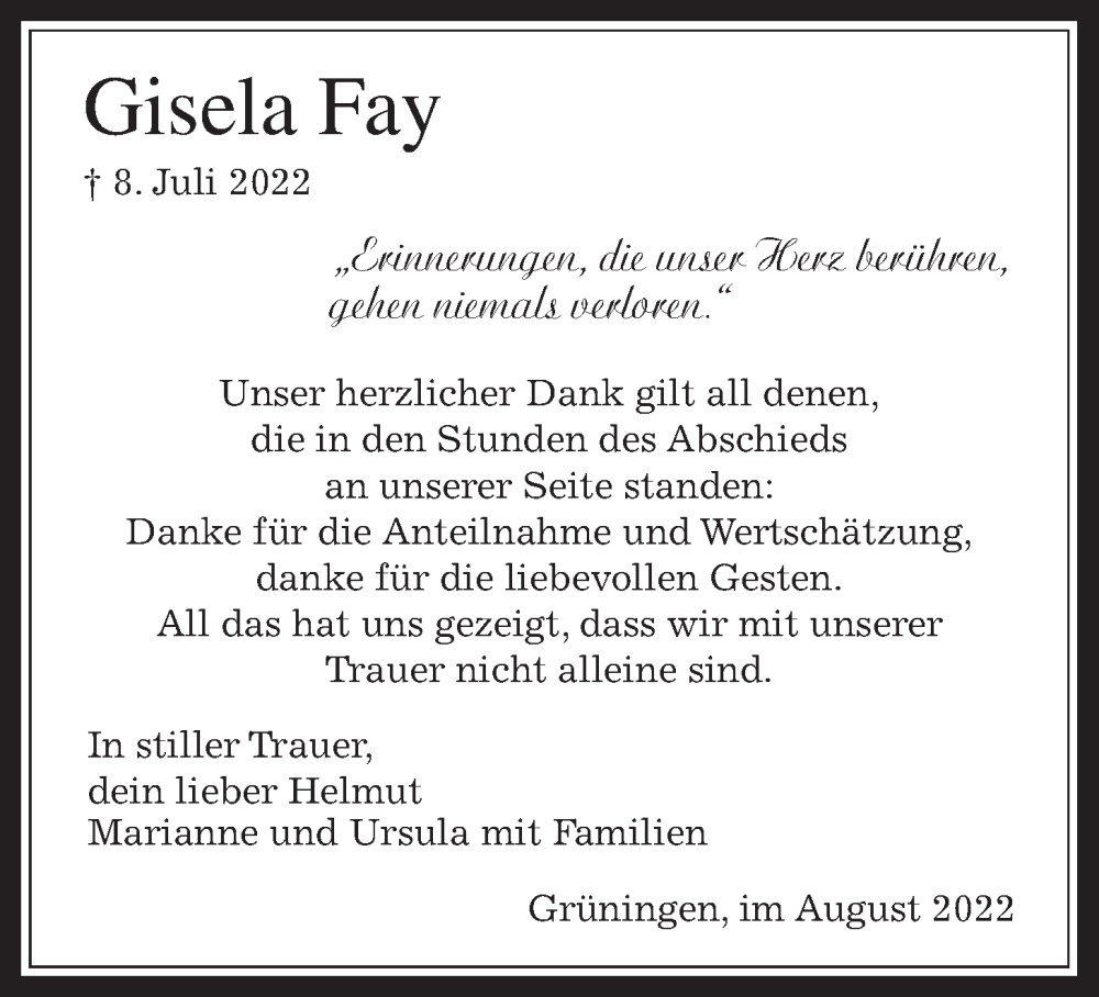 Traueranzeige für Gisela Fay vom 04.08.2022 aus Pohlheimer Nachrichten