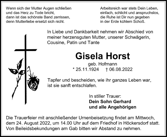 Traueranzeige von Gisela Horst von Mücker Stimme, Alsfelder Allgemeine