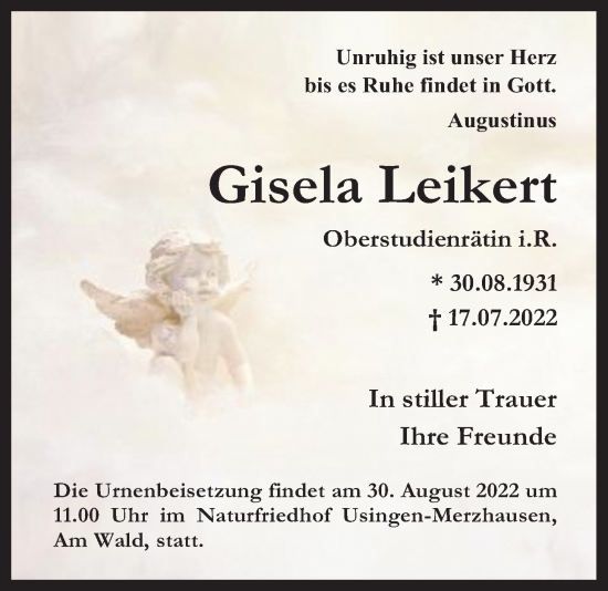 Traueranzeige von Gisela Leikert von Usinger Anzeiger