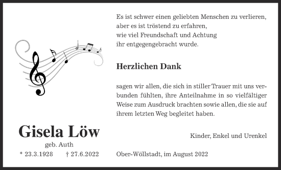 Traueranzeige von Gisela Löw von Wetterauer Zeitung