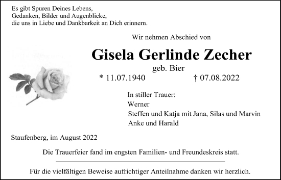 Traueranzeige von Gisela Gerlinde Zecher von Giessener Anzeiger, Giessener Allgemeine, Alsfelder Allgemeine