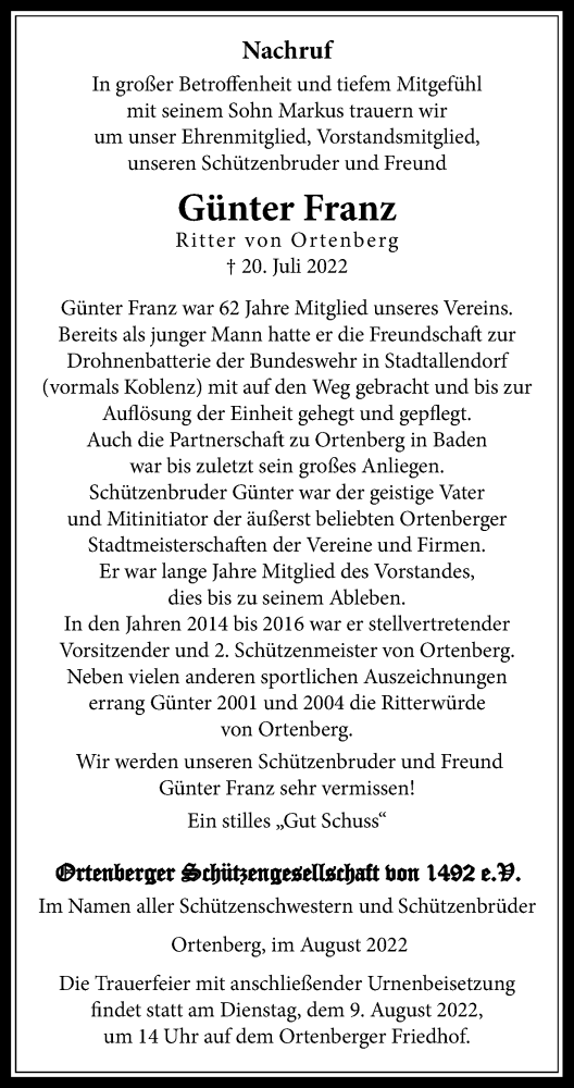  Traueranzeige für Günter Franz vom 06.08.2022 aus Kreis-Anzeiger