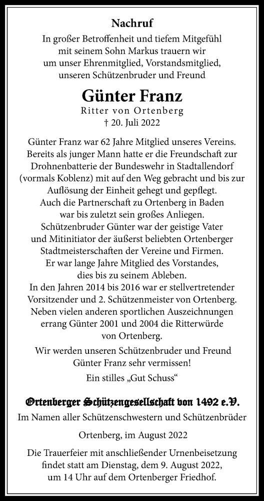Traueranzeige von Günter Franz von Kreis-Anzeiger