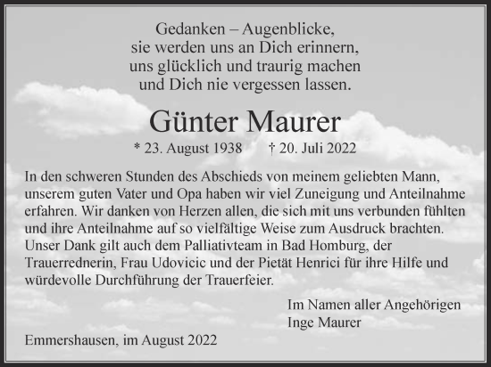 Traueranzeige von Günter Maurer von Usinger Anzeiger