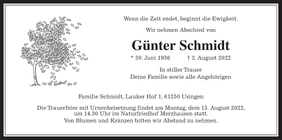 Traueranzeige von Günter Schmidt von Usinger Anzeiger