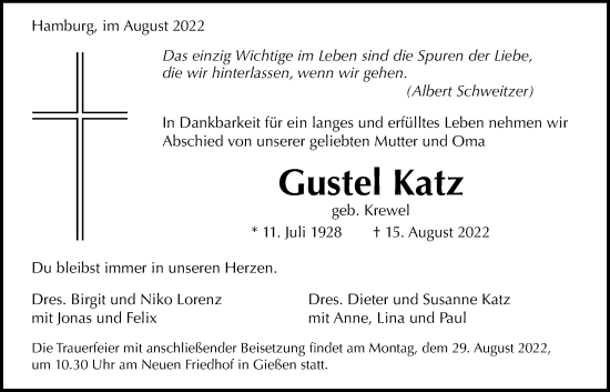 Traueranzeige von Gustel Katz von Giessener Allgemeine, Alsfelder Allgemeine, Giessener Anzeiger