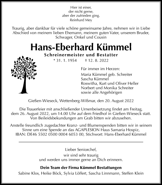 Traueranzeige von Hans-Eberhard Kümmel von Giessener Allgemeine, Alsfelder Allgemeine, Giessener Anzeiger