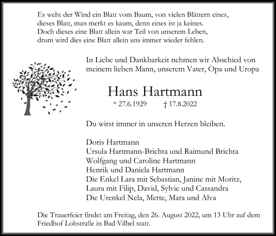 Traueranzeige von Hans Hartmann von Bad Vilbel/Karben