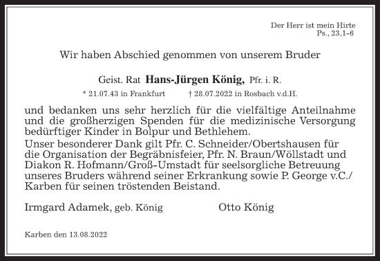 Traueranzeige von Hans-Jürgen König von Wetterauer Zeitung