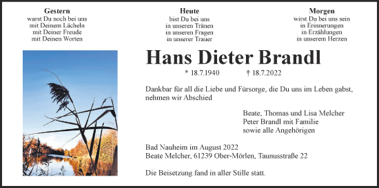 Traueranzeige von Hans Dieter Brandl von Wetterauer Zeitung