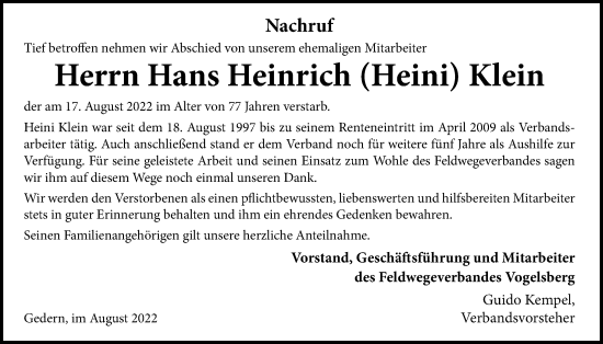 Traueranzeige von Hans Heinrich  Klein von Kreis-Anzeiger