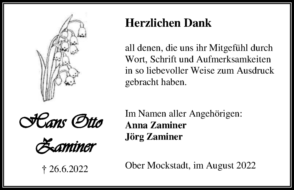  Traueranzeige für Hans Otto Zaminer vom 06.08.2022 aus Kreis-Anzeiger