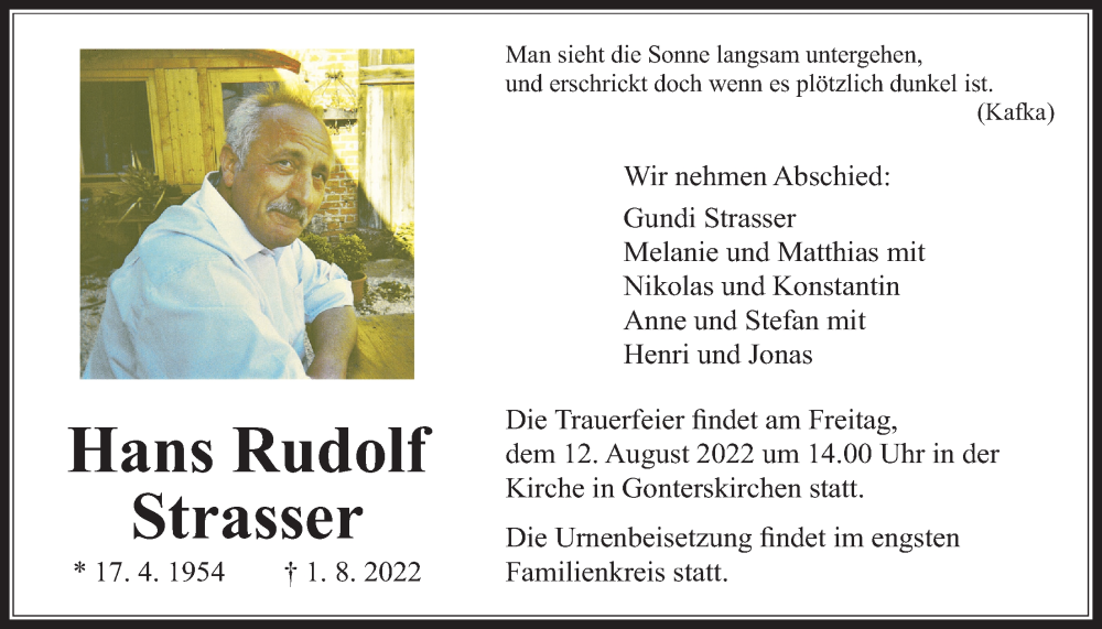  Traueranzeige für Hans Rudolf Strasser vom 06.08.2022 aus Giessener Allgemeine, Alsfelder Allgemeine, Giessener Anzeiger