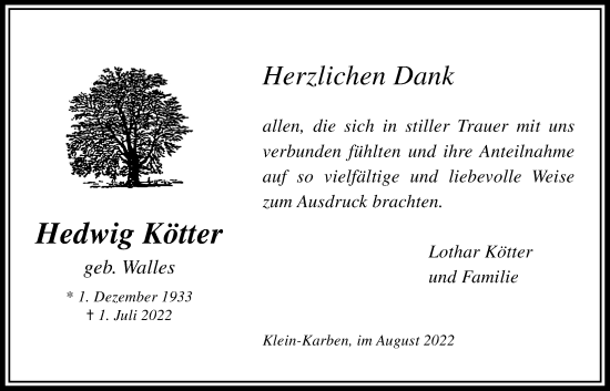 Traueranzeige von Hedwig Kötter von Bad Vilbel/Karben