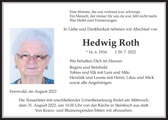 Traueranzeige von Hedwig Roth von Giessener Allgemeine, Alsfelder Allgemeine, Giessener Anzeiger