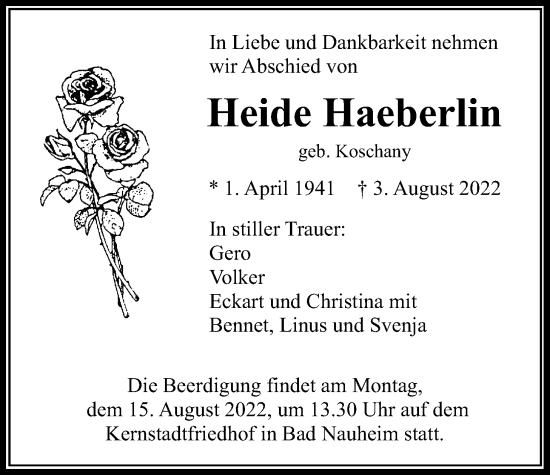 Traueranzeige von Heide Haeberlin von Wetterauer Zeitung