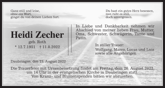 Traueranzeige von Heidi Zecher von Giessener Anzeiger, Giessener Allgemeine, Alsfelder Allgemeine