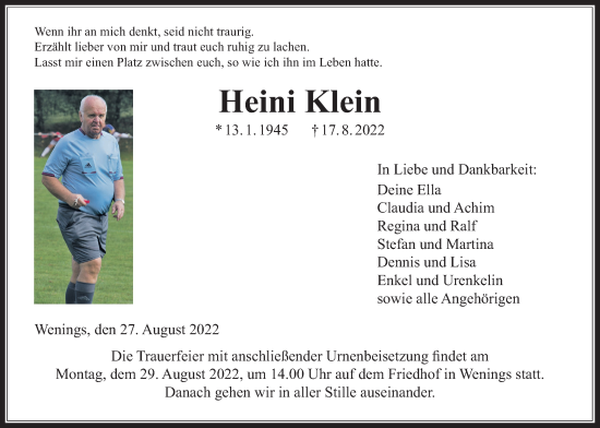 Traueranzeige von Heini Klein von Kreis-Anzeiger
