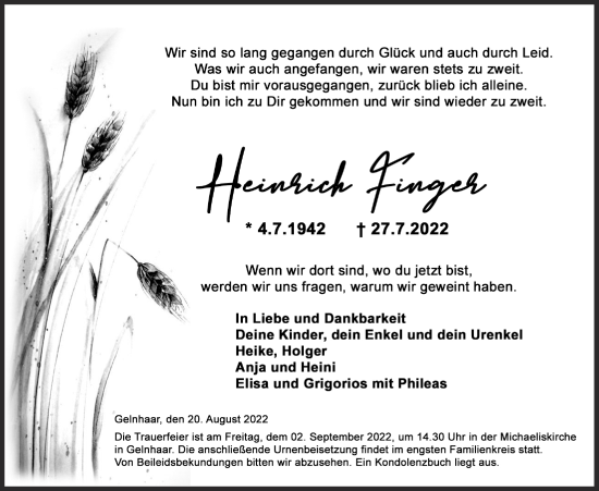 Traueranzeige von Heinrich Finger von Kreis-Anzeiger