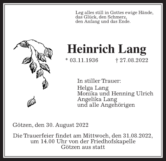 Traueranzeige von Heinrich Lang von Kreis-Anzeiger