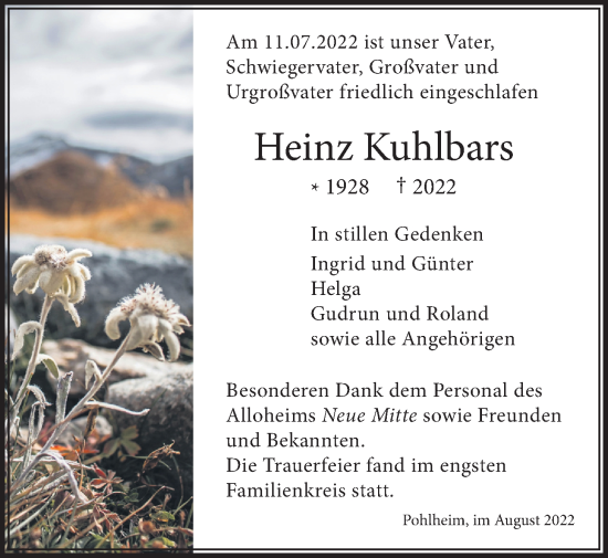 Traueranzeige von Heinz Kuhlbars von Pohlheimer Nachrichten
