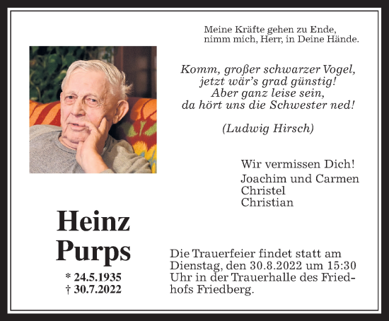 Traueranzeige von Heinz Purps von Wetterauer Zeitung