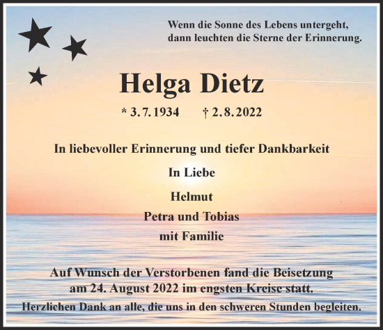 Traueranzeige von Helga Dietz von Wetterauer Zeitung