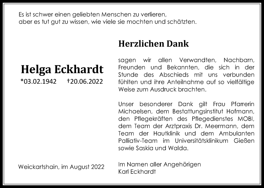  Traueranzeige für Helga Eckhardt vom 06.08.2022 aus Giessener Allgemeine, Alsfelder Allgemeine, Giessener Anzeiger