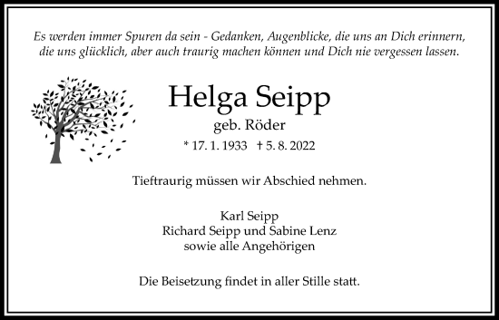 Traueranzeige von Helga Seipp von Bad Vilbel/Karben