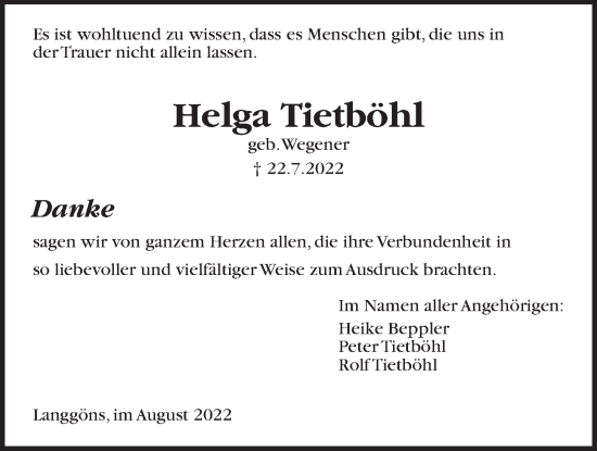 Traueranzeige von Helga Tietböhl von Giessener Anzeiger, Giessener Allgemeine, Alsfelder Allgemeine