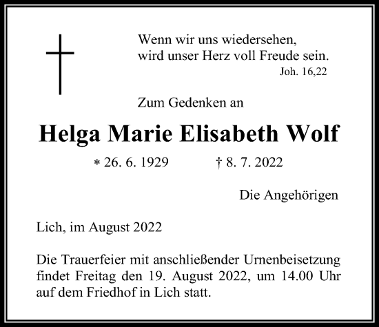 Traueranzeige von Helga Marie Elisabeth Wolf von Giessener Anzeiger, Giessener Allgemeine, Alsfelder Allgemeine