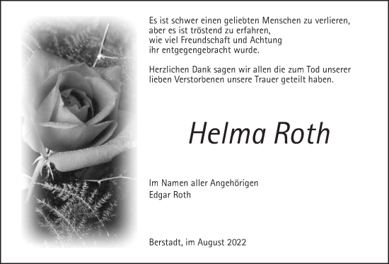 Traueranzeige von Helma Roth von Wetterauer Zeitung