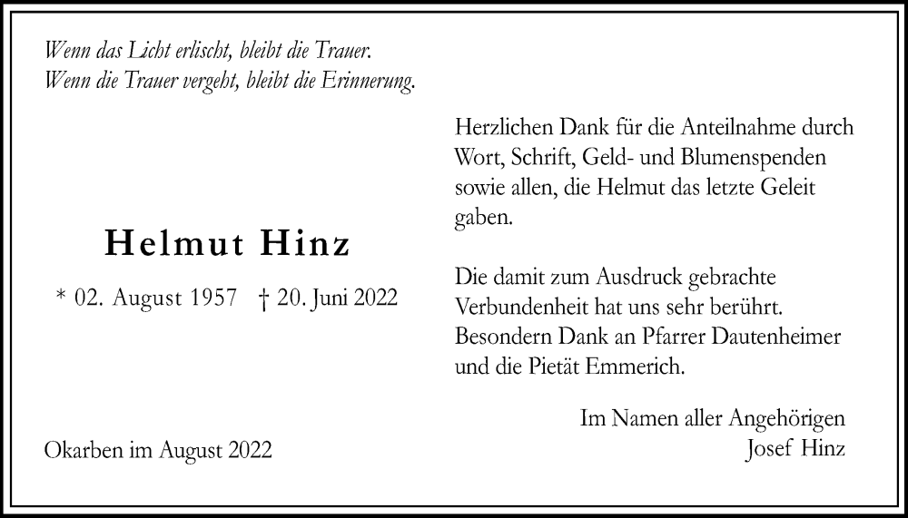  Traueranzeige für Helmut Hinz vom 04.08.2022 aus Bad Vilbel/Karben