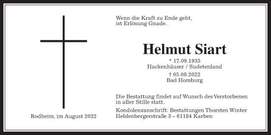 Traueranzeige von Helmut Siart von Wetterauer Zeitung