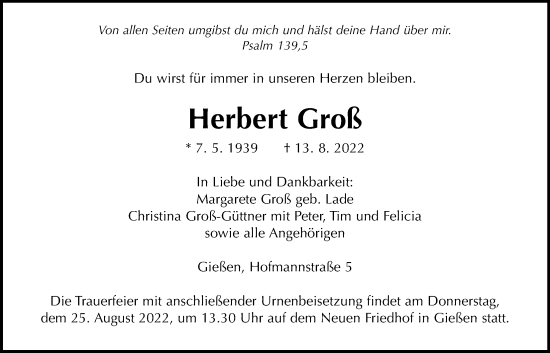 Traueranzeige von Herbert Groß von Giessener Allgemeine, Alsfelder Allgemeine, Giessener Anzeiger