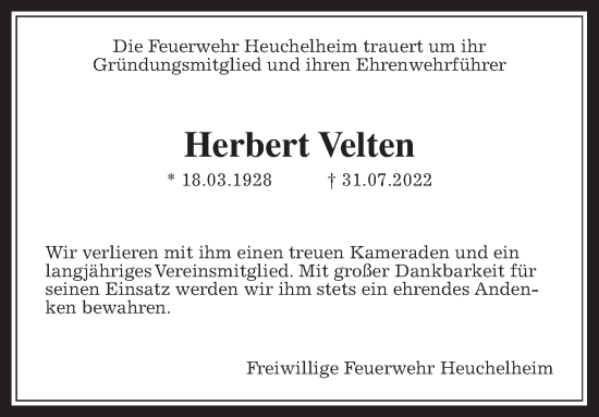 Traueranzeige von Herbert Velten von Wetterauer Zeitung
