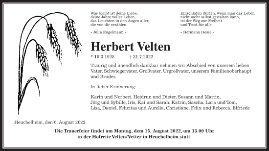 Traueranzeige von Herbert Velten von Wetterauer Zeitung