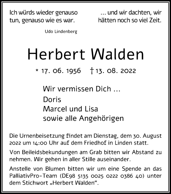 Traueranzeige von Herbert Walden von Giessener Allgemeine, Alsfelder Allgemeine, Giessener Anzeiger