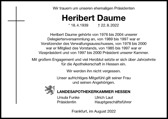 Traueranzeige von Heribert Daume von Usinger Anzeiger