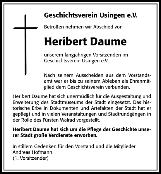 Traueranzeige von Heribert Daume von Usinger Anzeiger