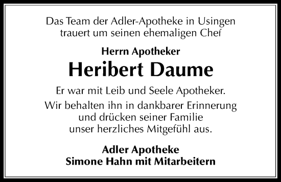 Traueranzeige von Heribert Daume von Usinger Anzeiger