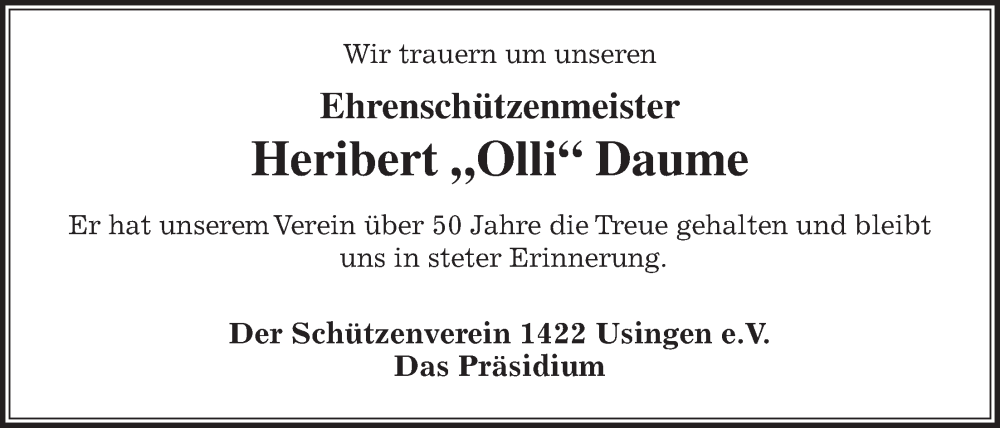  Traueranzeige für Heribert Daume vom 27.08.2022 aus Usinger Anzeiger