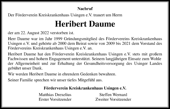 Traueranzeige von Heribert Daume von Usinger Anzeiger